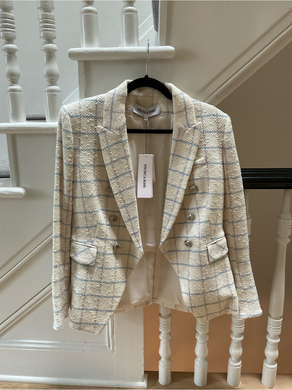 Veronica Beard Cream Miller Windowpane Double Breasted Dickey Jacket - Picture 2 of 5